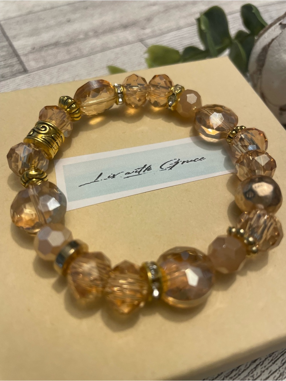 Champagne Crystal and Gold Accented Bracelet 10mm handmade stretch sparkle - Picture 2 of 6